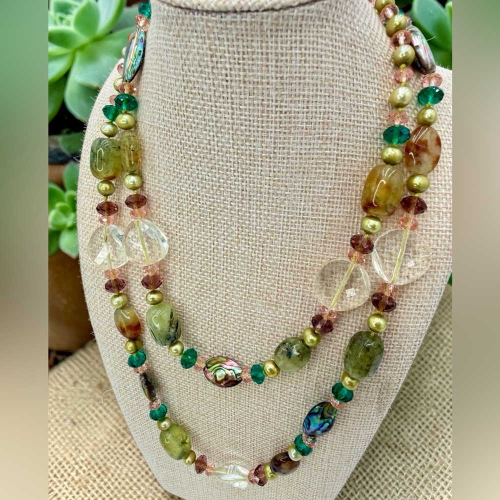 One Of A Kind Artisan Abalone Moss Agate Quartz Pearl 40” Necklace 925 Gemstone - Picture 7 of 17